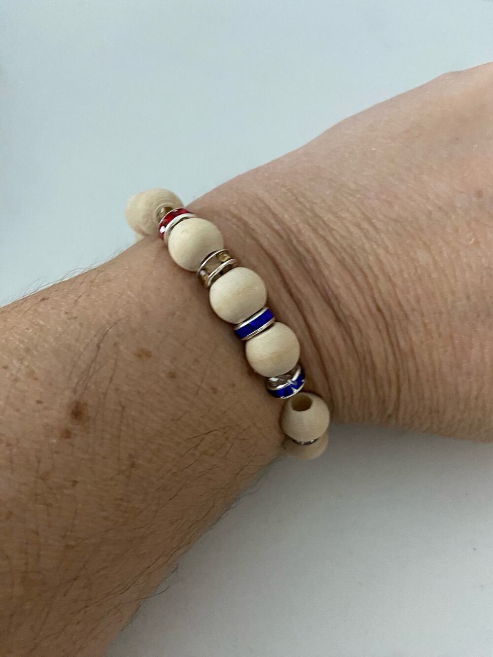 Handmade wood bead bracelet with rhinestone spacers
